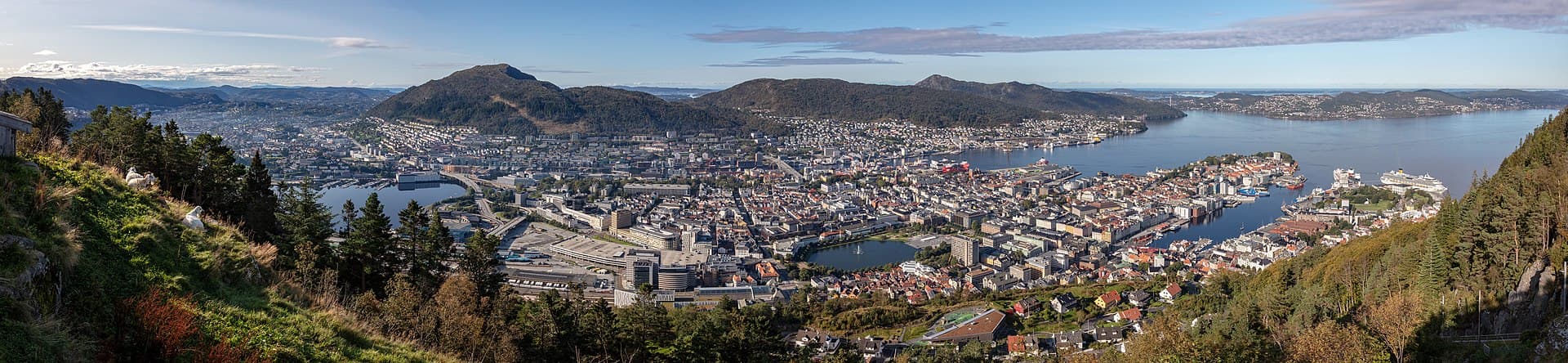 Bergen vista dal monte Fløyen, raggiungibile con la storica funicolare Fløibanen: la città tra le sette colline e il mare.